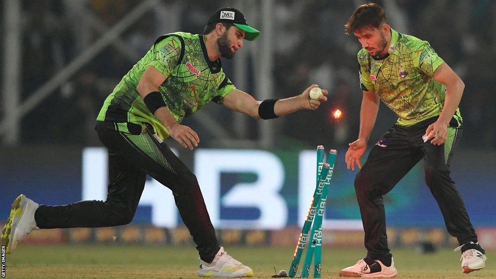 Lahore Qalandars captain Shaheen Shah Afridi completes the run-out of Multan Sultans batter Khushdil Shah to secure the Pakistan Super League title