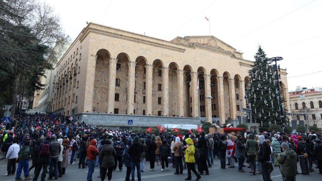 A crowd gathers below the Georgian Parliament building, with a Christmas tree in front 