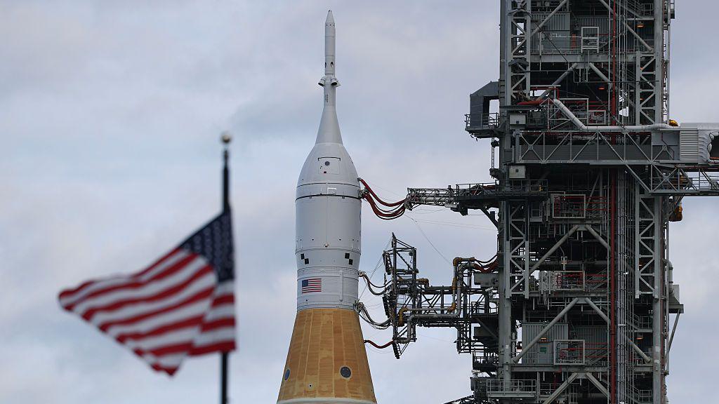 A close-up of Artemis II at Nasa’s Kennedy Space Centre.