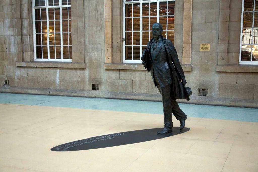 The Philip Larkin statue at Hull railway station.