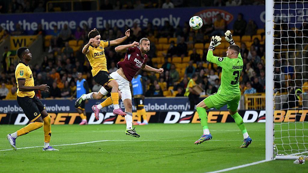 Jorgen Strand Larsen heads home for Wolves against West Ham