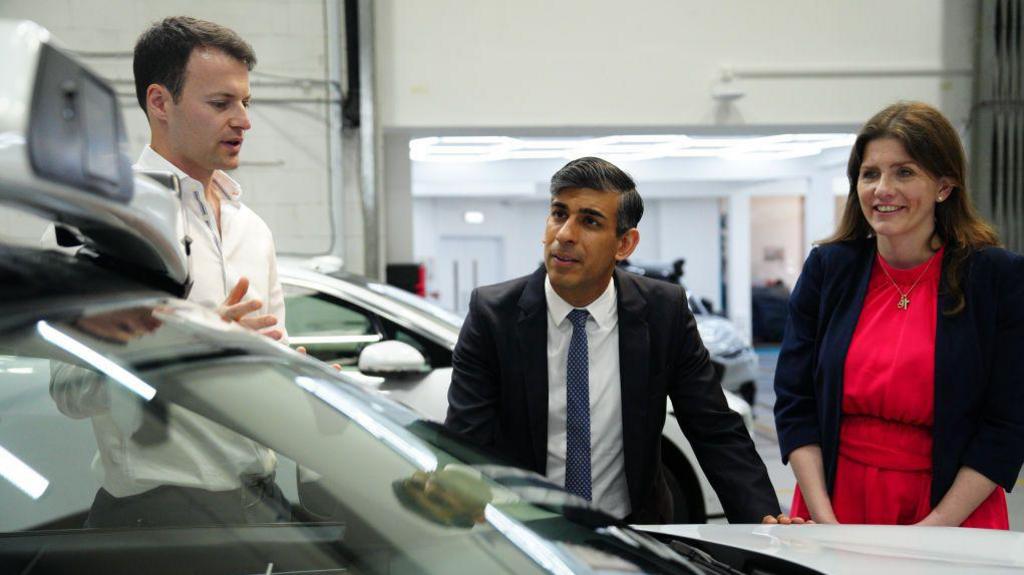 Prime Minister Rishi Sunak, Michelle Donelan and Wayve chief executive Alex Kendall at Wayve Technologies