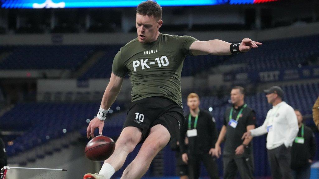 Rory Beggan attempts a kick during the NFL Combine in Indianapolis on Sunday