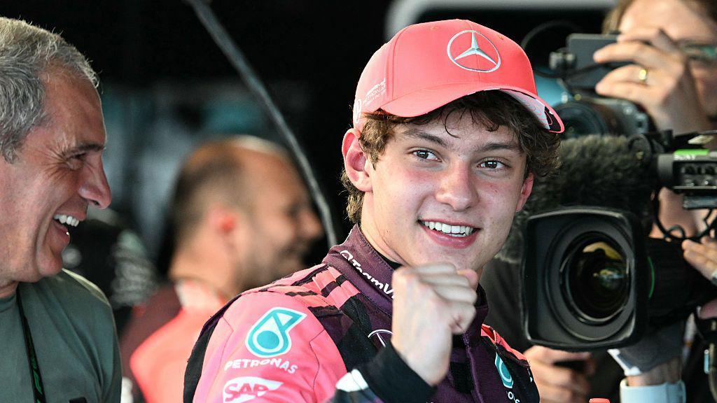 Mercedes' Kimi Antonelli celebrates taking pole position for the Miami Grand Prix sprint race in May