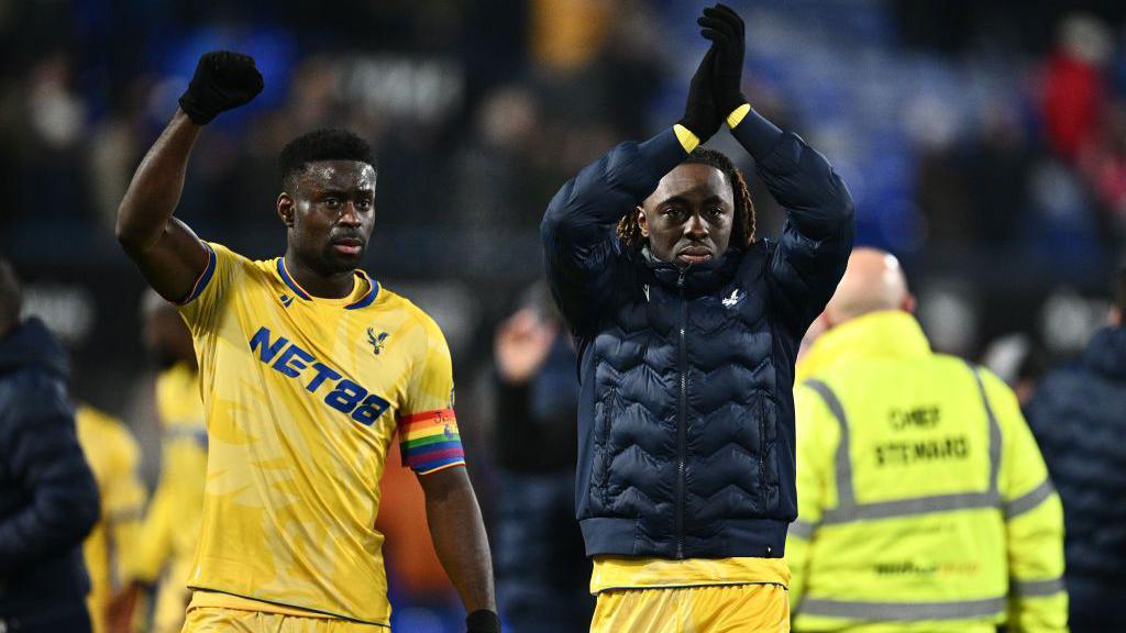 Marc Guehi and Eberechi Eze of Crystal Palace celebrate after winning the Premier League match between Ipswich Town FC and Crystal Palace FC 