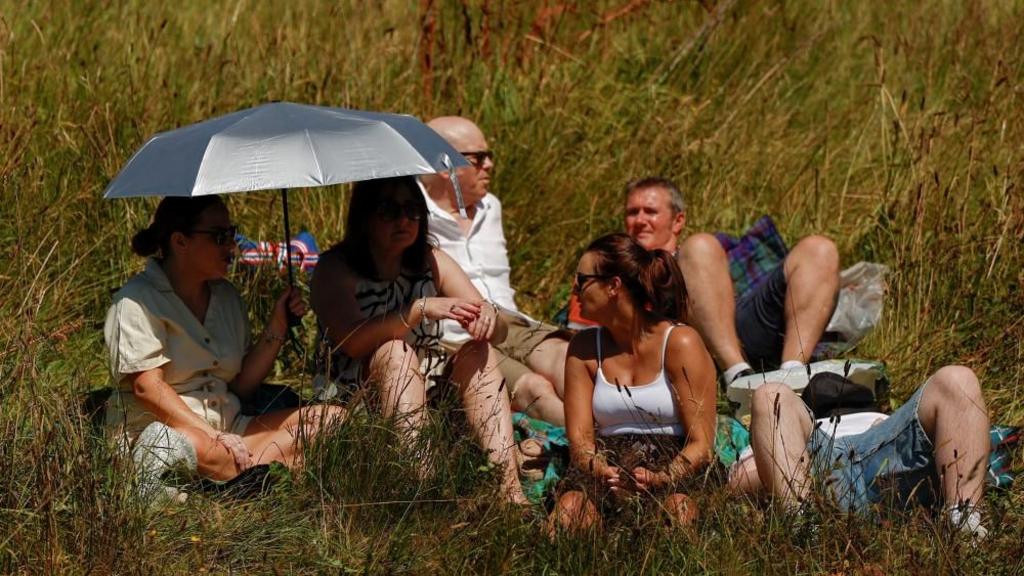 A woman holds an umbrella to shield from the sun, as people rest on the grass during the hot weather.