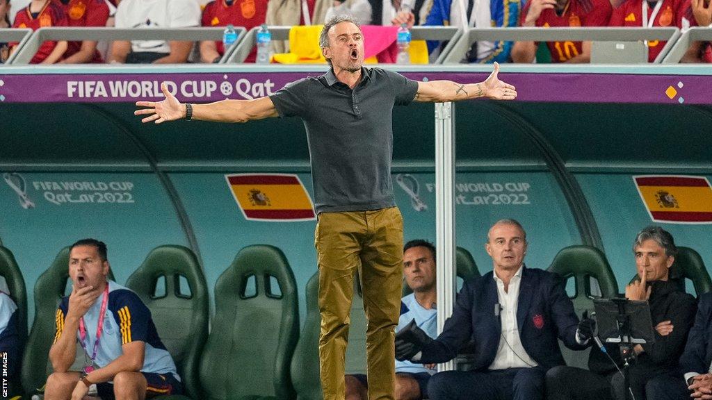 Spain manager Luis Enrique on the touchline during the 2022 World Cup