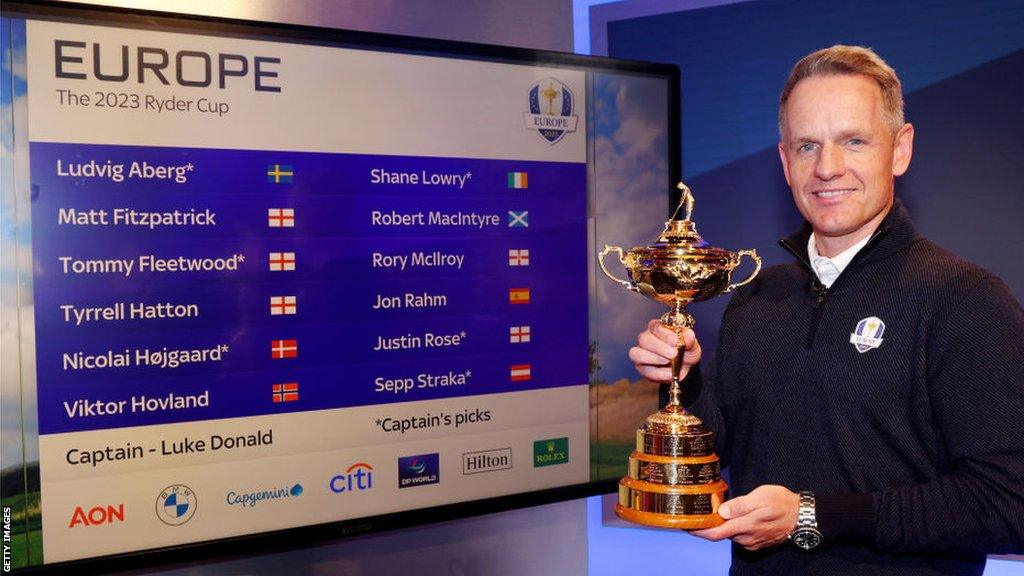 Europe captain Luke Donald with the Ryder Cup trophy and a list of the 12 players in his team