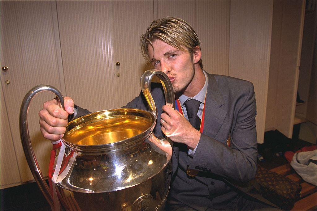 David Beckham kisses the Champions League trophy after Man Utd completed the treble in 1999