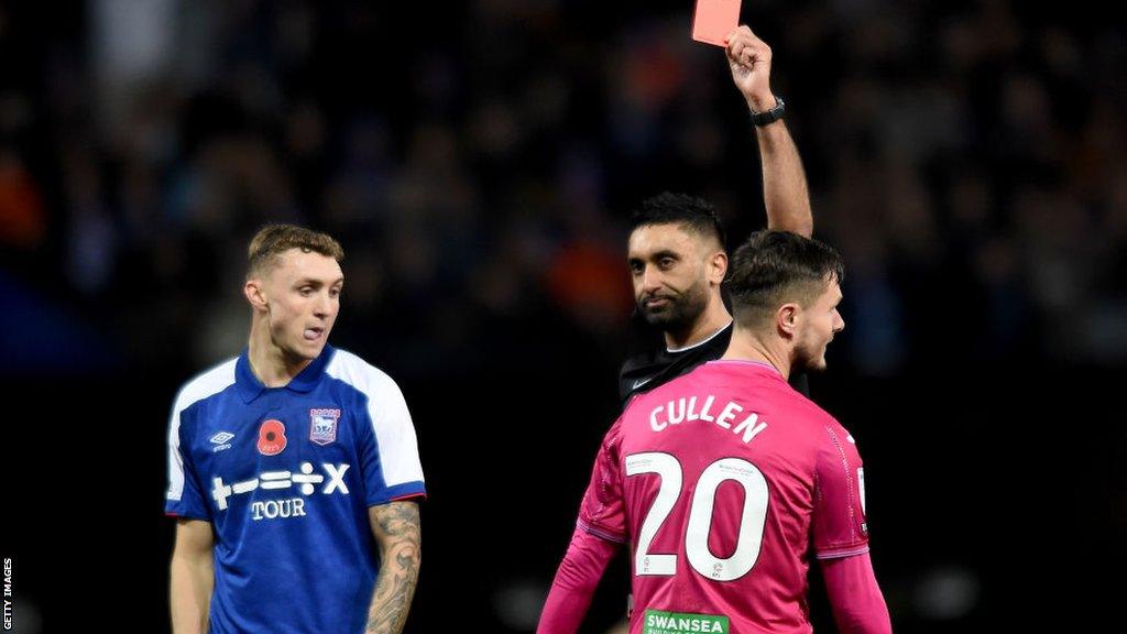 Liam Cullen is sent off during Swansea's 3-2 defeat at Ipswich in November