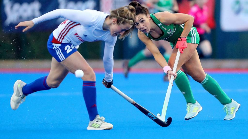 Great Britain's Lily Owsley battles with Ireland's Anna O'Flanagan in Sunday's second game in the Belfast series