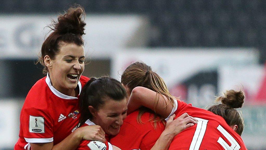 Wales celebrate Kayleigh Green's winner against Bosnia-Herzegovina