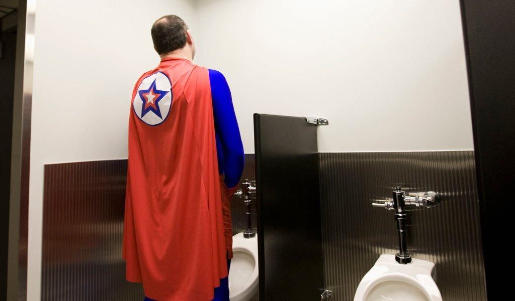 A superhero uses a urinal