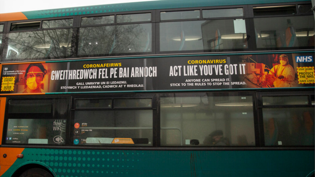 Covid advert on bus in Cardiff