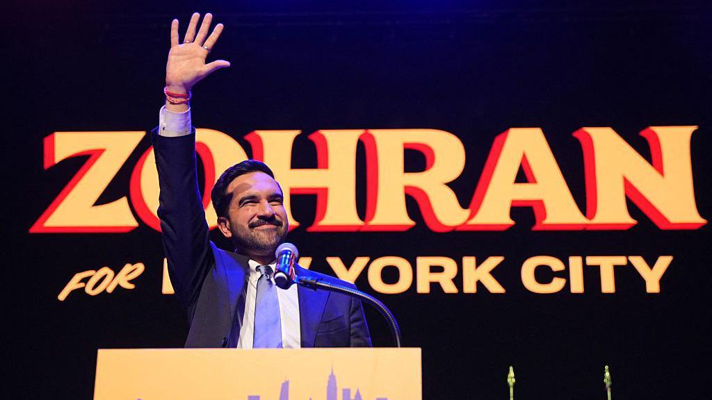 New York City Mayoral candidate Zohran Mamdani celebrates during an election night event in Brooklyn