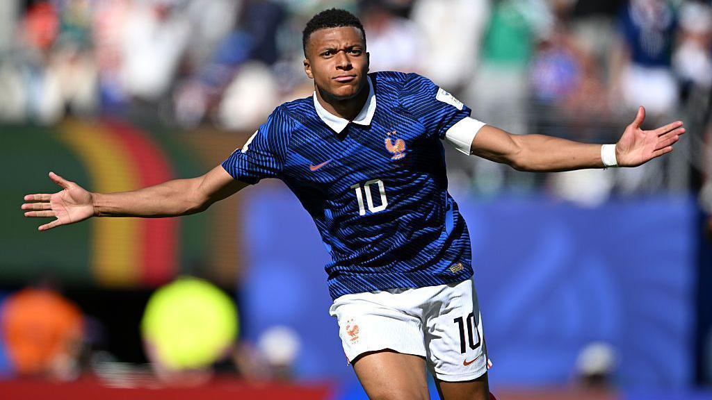 Kylian Mbappe celebrates scoring his team's second goal during the FIFA World Cup 2026 Group I match between France and Senegal