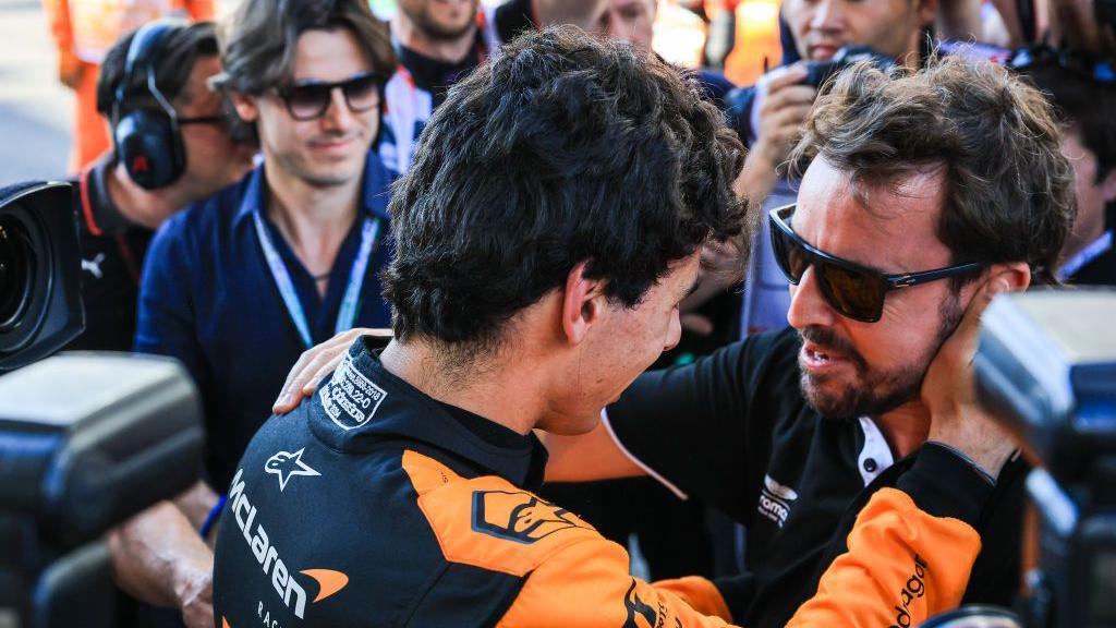 Gabriel Bortoleto of Brazil and Invicta Racing celebrates with his manager Fernando Alonso