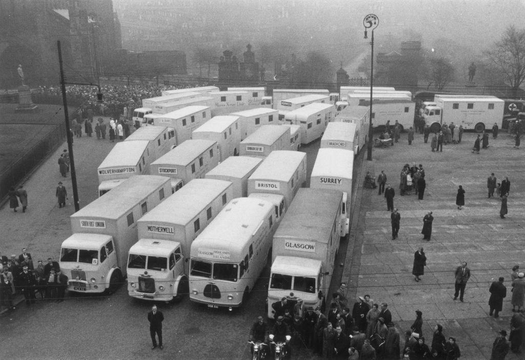 Mobile TB screening units from across the UK parked in front of Glasgow Cathedral 