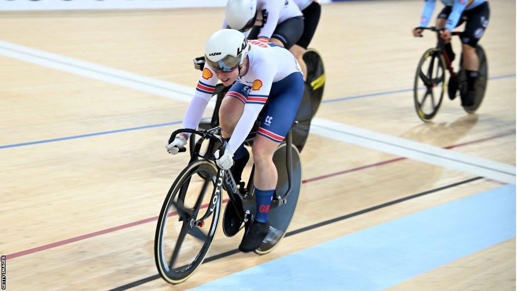 Emma Finucane sprints to win at the women's Keirin final event during the Track Cycling Nations Cup in Hong Kong