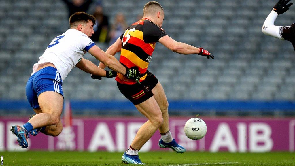 Aidan Nugent hits Cullyhanna's first-half goal in their All-Ireland Intermediate Club Final triumph at Croke Park