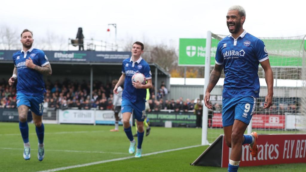 Paul McCallum celebrates giving Eastleigh the lead against Reading