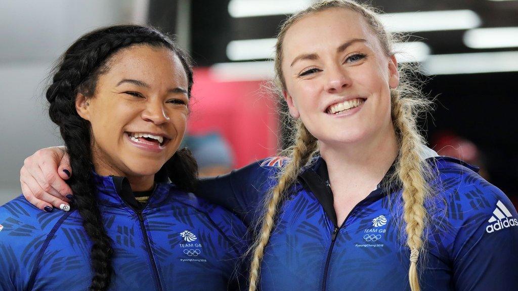 Mica Moore and Mica McNeill smile after their eighth-placed finish at the 2018 Winter Olympics