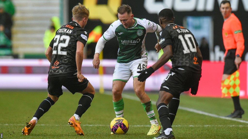 Aiden McGeady takes on Dundee United's Kieran Freeman and Arnaud Djoum