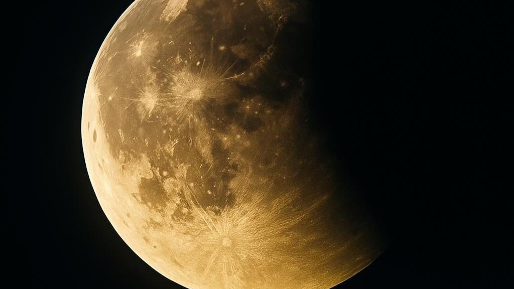 Half of the Moon is covered in shadow while the rest is yellow with large, dark, flat areas visible on the Moon's surface.