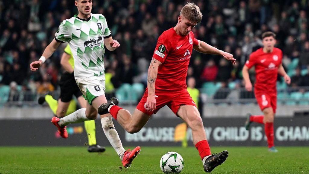 Dylan Sloan prepares to shoot on the Olimpija goal on Thursday night