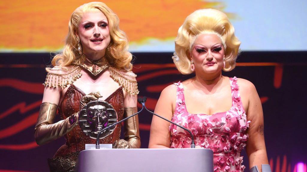  Marmalade and Victoria Scone present the Production Design Award on stage during the 2024 BAFTA Cymru awards 