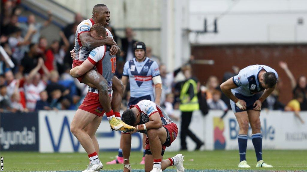 Leigh Leopards celebrate beating St Helens in the Challenge Cup