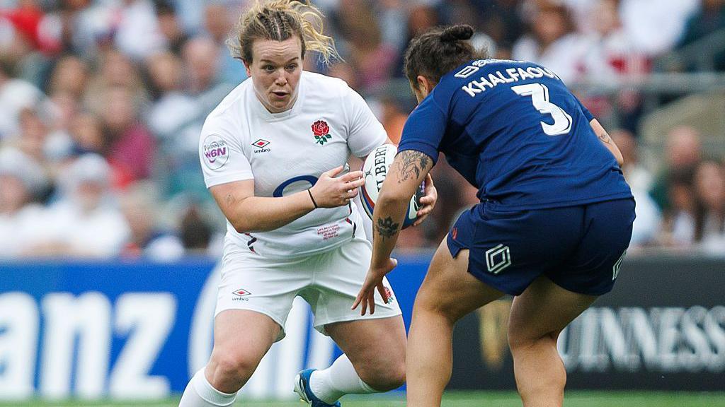 England's Lark Atkin-Davies in action during the Guinness Women's Six Nations 2025 match between England and France at Allianz Stadium on April 26, 2025