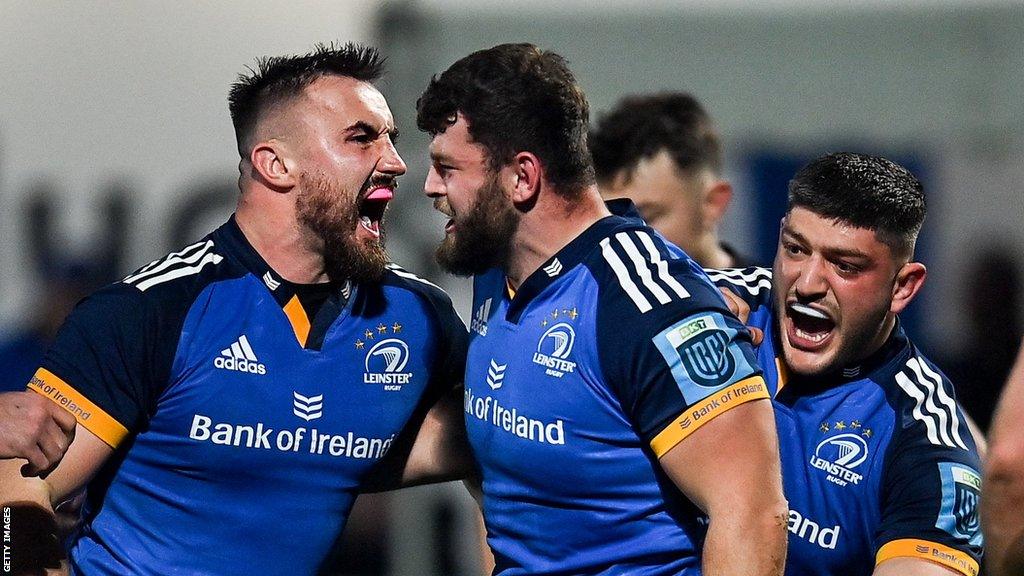 Michael Milne celebrates a Leinster try