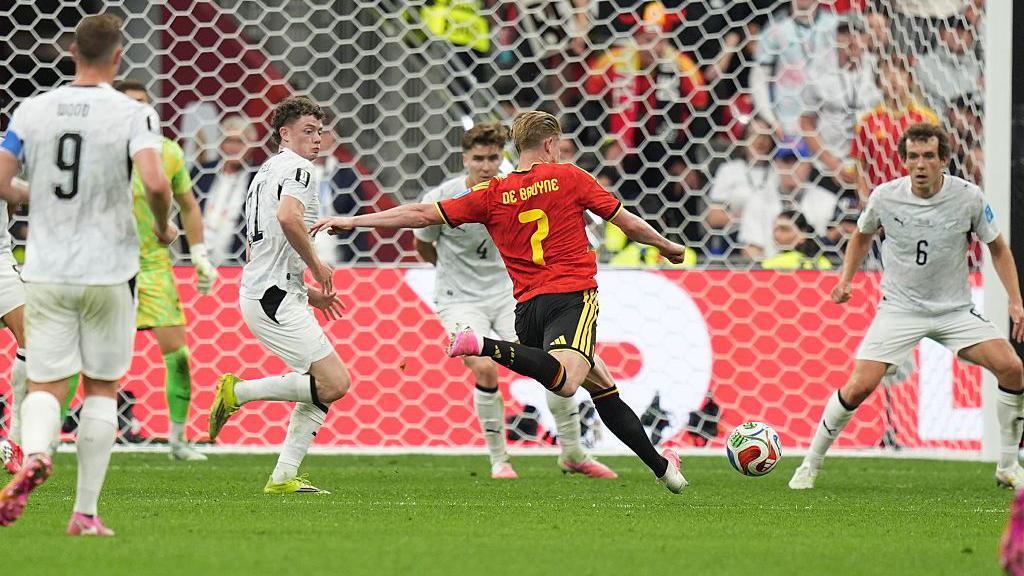 Kevin de Bruyne strikes the ball from outside the penalty area as he scores from distance against New Zealand at the 2026 World Cup