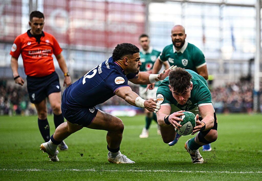 Ireland score a try past Scotland in the Six Nations.