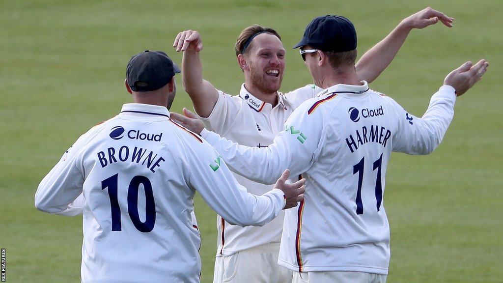 Jamie Porter (centre) removed Middlesex's opening three batters in his first 10 deliveries