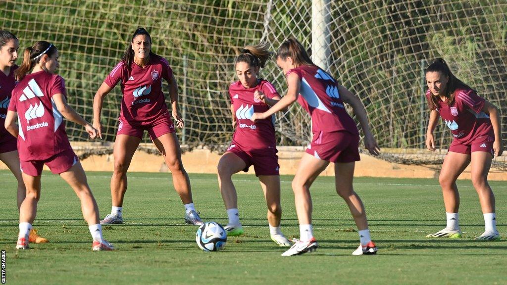 Spain's Olga Carmona and teammates attend a training session