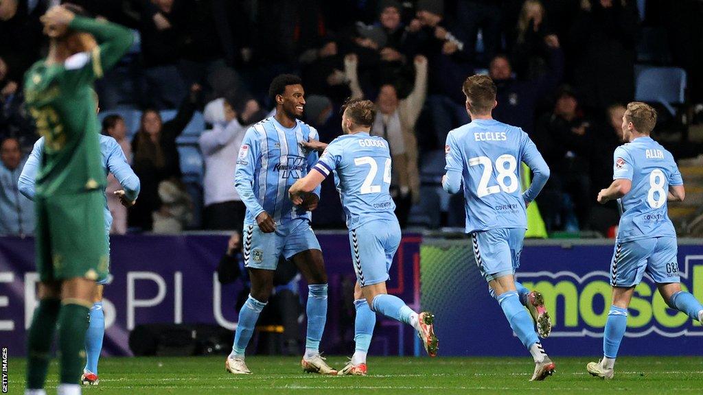 Haji Wright celebrates scoring for Coventry against Plymouth Argyle