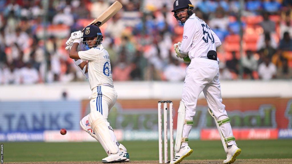 India's Yashasvi Jaiswal plays a shot in the first Test against England