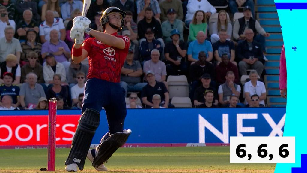England v West Indies third T20: Jacob Bethell hits three sixes in a row