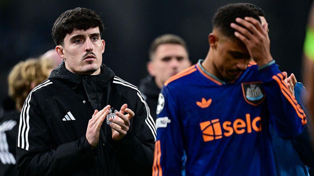 Tino Livramento and Malick Thiaw react after Newcastle United's defeat against Marseille in the Champions League on 25 November, 2025