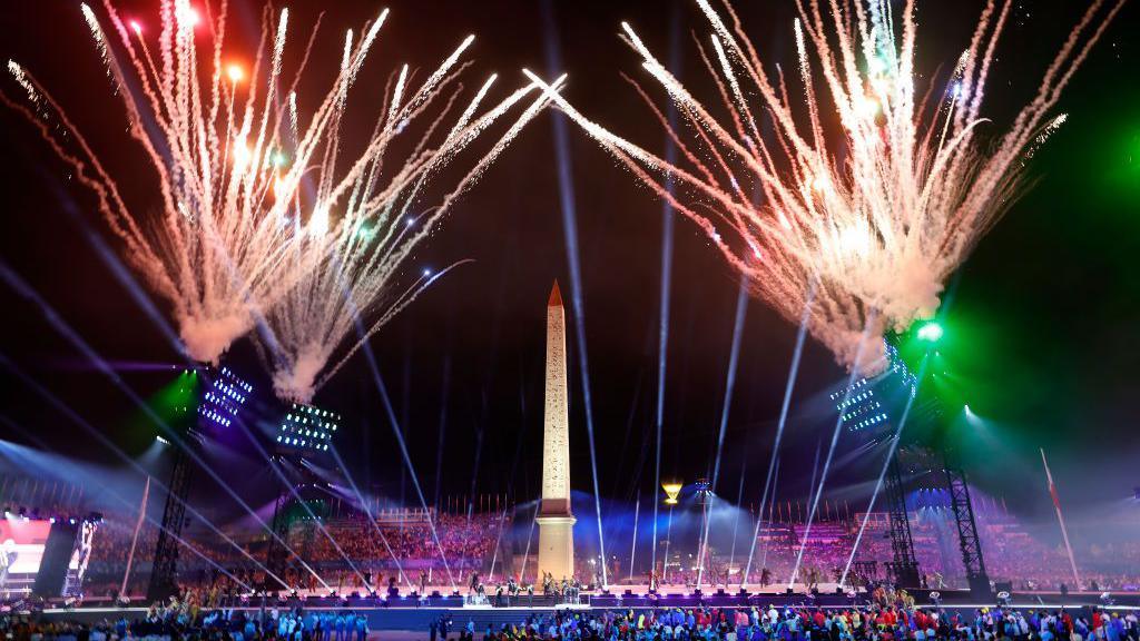 A general view of a fireworks display as the Cauldron (not pictured) is lit during the opening ceremony of the Paris 2024 Summer Paralympic Games at Place de la Concorde 