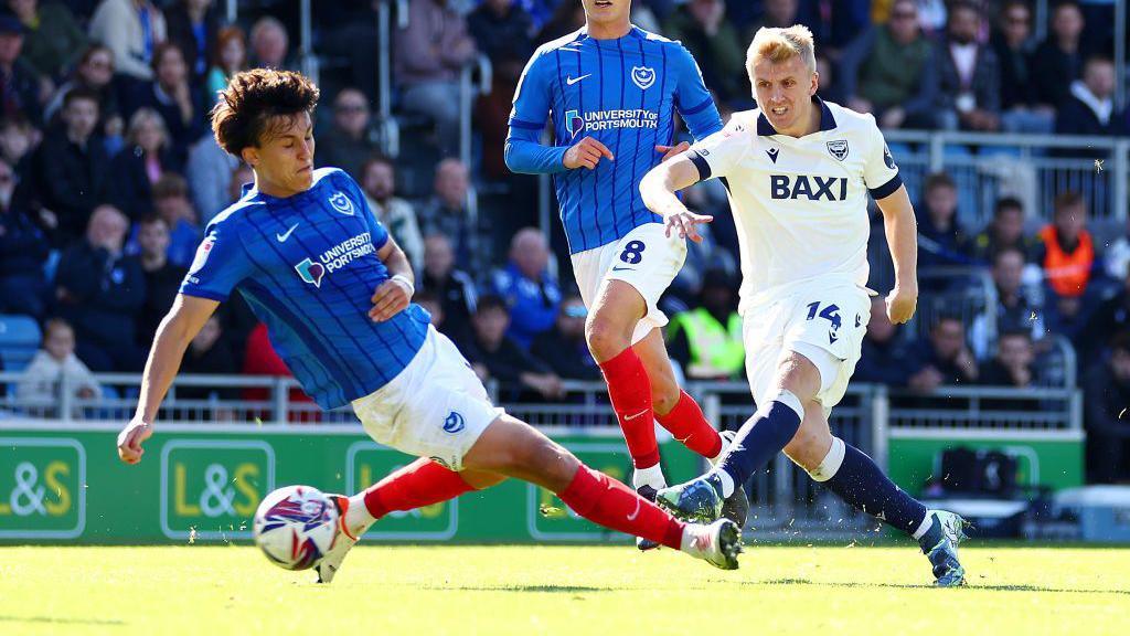 Louis Sibley of Oxford United scores during the Championship match between Portsmouth FC and Oxford United