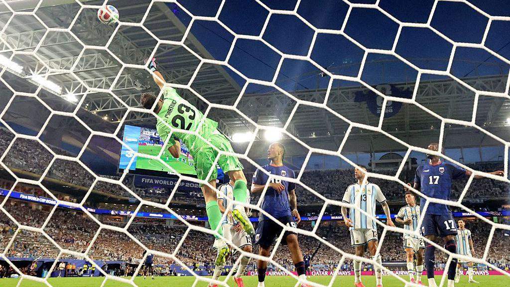 Argentina's Emiliano Martinez saves a free-kick from Cape Verde's Sidney Lopes Cabral at the 2026 FIFA World Cup