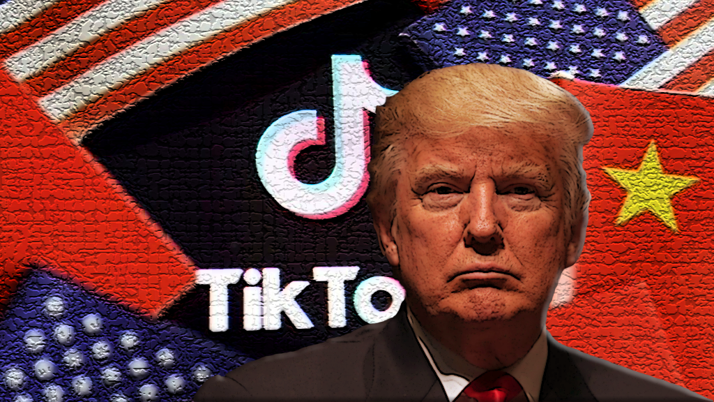 Donald Trump in front of TikTok sign and American and Chinese flags.