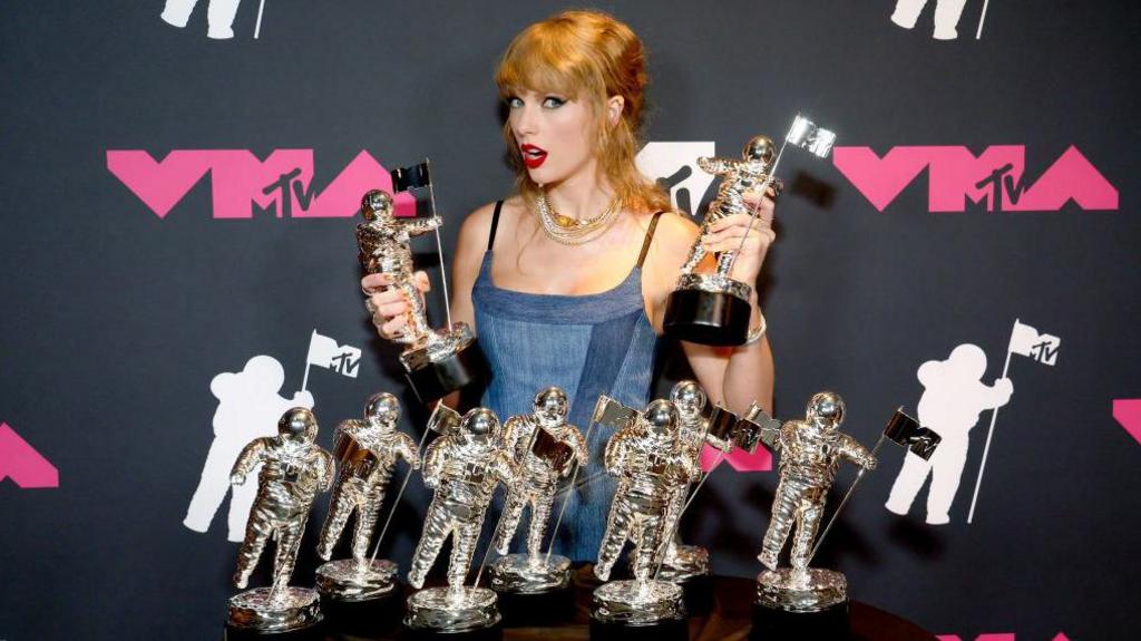 Taylor Swift is seen backstage during the 2023 MTV Video Music Awards.