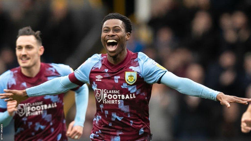 Nathan Tella celebrates scoring a goal for Burnley