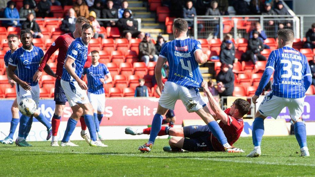 Kilmarnock's Joe Wright scores to make it 1-0 during a cinch Premiership match between St Johnstone and Kilmarnock at McDiarmid Park, on April 13, 2024, in Perth, Scotland.