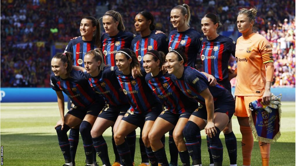 Barcelona players line up prior to the Champions League final