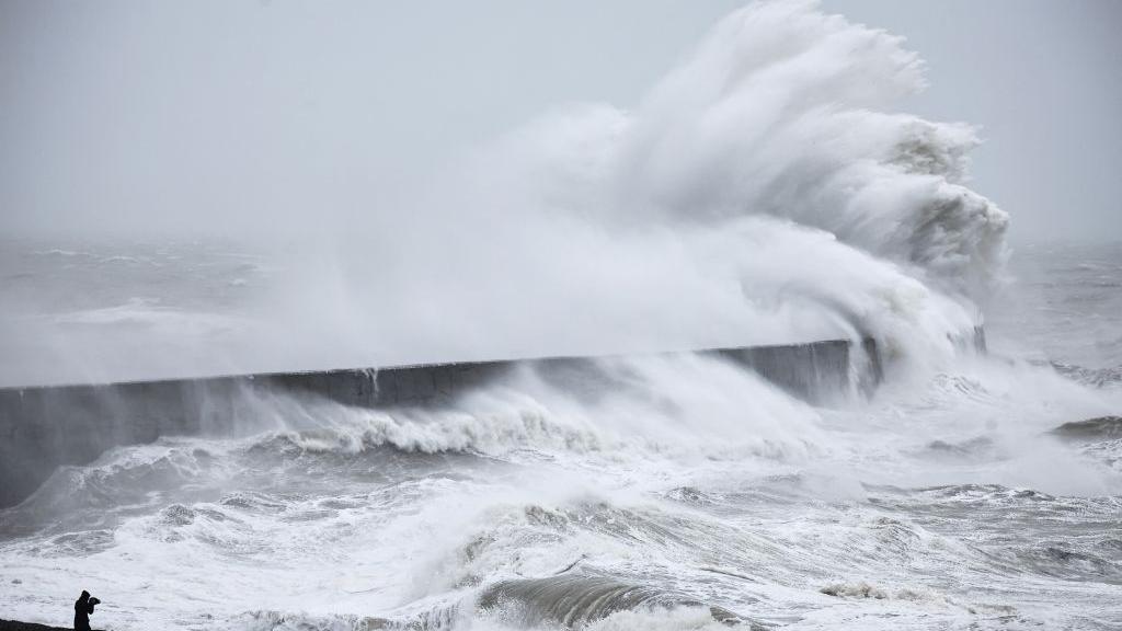 Waves crash in Newhaven in southern England 